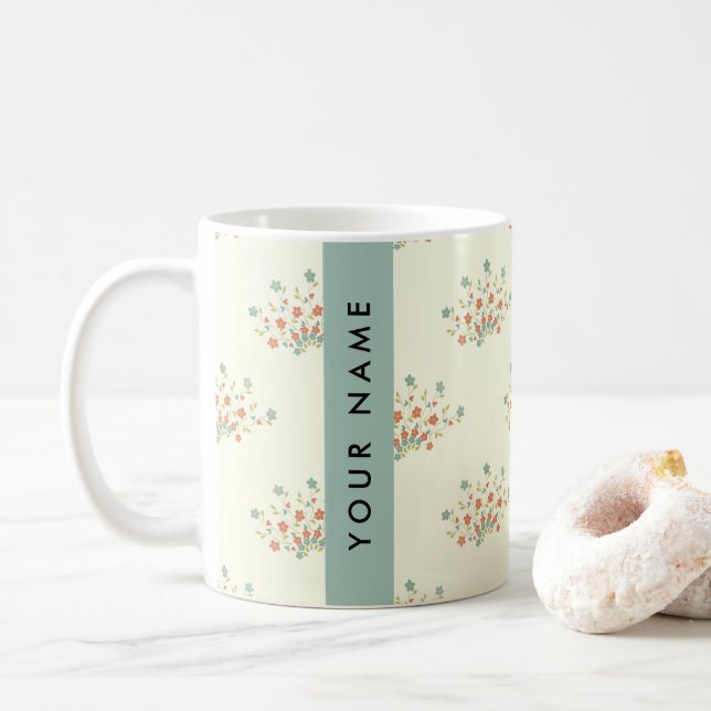 Blåa och röda blommor, Blå, Ditt Namn Kaffemugg (Med munk)