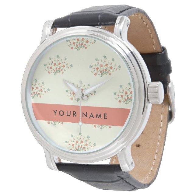 Blåa och röda blommor, röda, Ditt namn Armbandsur (Vinklad)