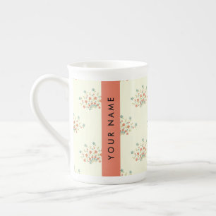 Blåa och röda blommor, röda, Ditt namn Benporslin Mugg