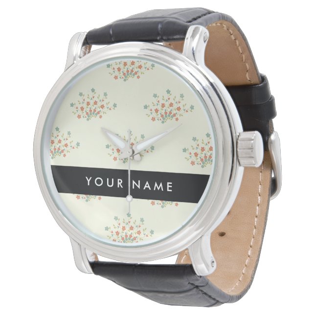 Blåa och röda blommor, svarta, Ditt namn Armbandsur (Vinklad)