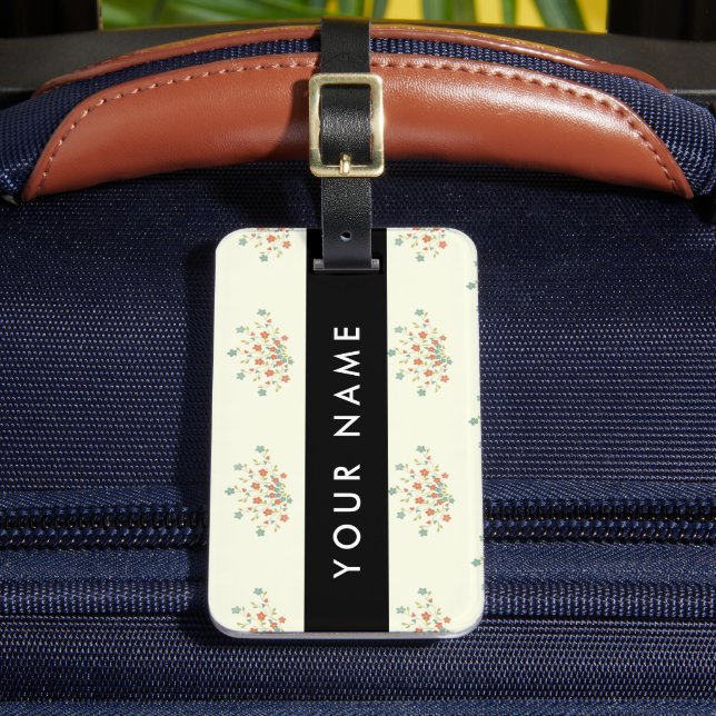 Blåa och röda blommor, svarta, Ditt namn Bagagebricka (Framsida Insitu 2)