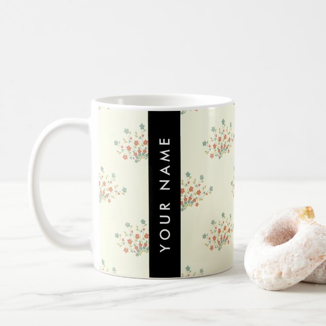 Blåa och röda blommor, svarta, Ditt namn Kaffemugg (Med munk)