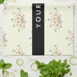 Blåa och röda blommor, svarta, Ditt namn Kökshandduk