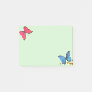Blåa och röda fjärilar & guldkonfettiprickar post-it block