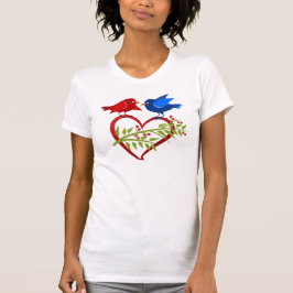 Blåa och röda kärleksfåglar med hjärta t shirt