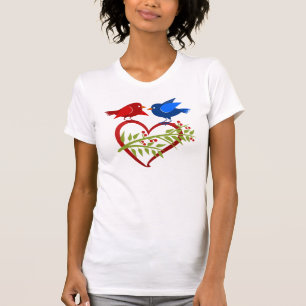 Blåa och röda kärleksfåglar med hjärta t shirt