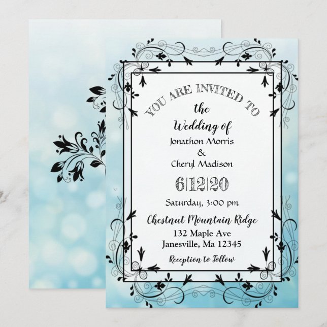 Blåa och svarta dekorativa inbjudningar till Träd- (Fram/baksida)