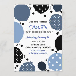 Blåa och svarta prickiga ballonger 1-års födelseda inbjudningar