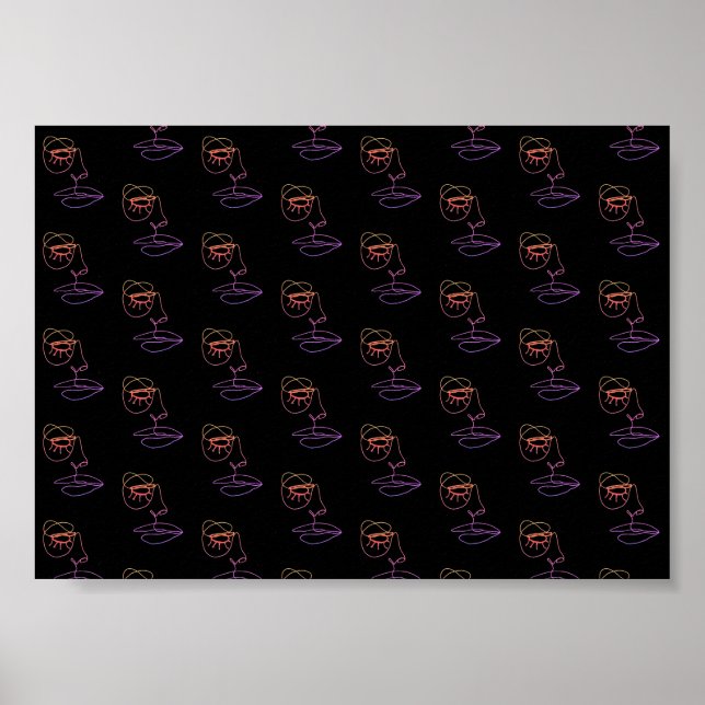 Blåa One Line Ansikte Art Poster på svart  (Framsidan)