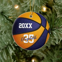 Blåa orangar flickor som håller basket julgransprydnad keramik