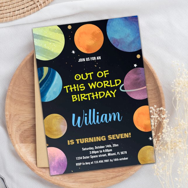 Blåa Orange Rymden-födelsedagsinbjudningar Inbjudningar (Blue Orange Outer Space Birthday Invitations)