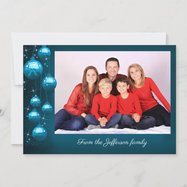 Blåa ornament med foto och personligt meddelande (Framsida)