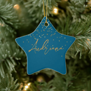 Blåa Personligen Guld Namn Glitter, Gnistror Julgransprydnad Keramik