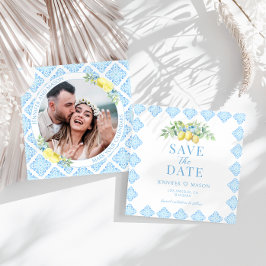 Blåa plattor, citron, spara datumfotoinbjudan