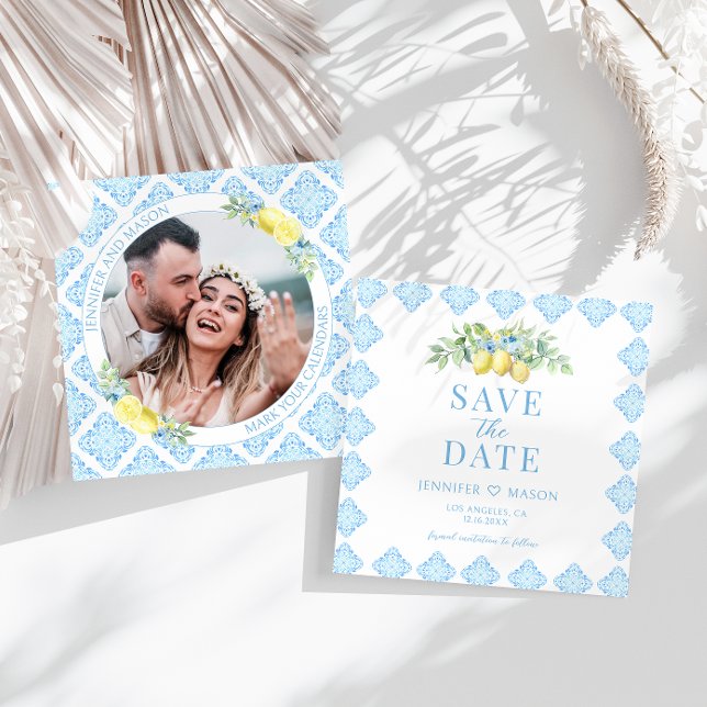 Blåa plattor, citron, spara datumfotoinbjudan (Skapare uppladdad)