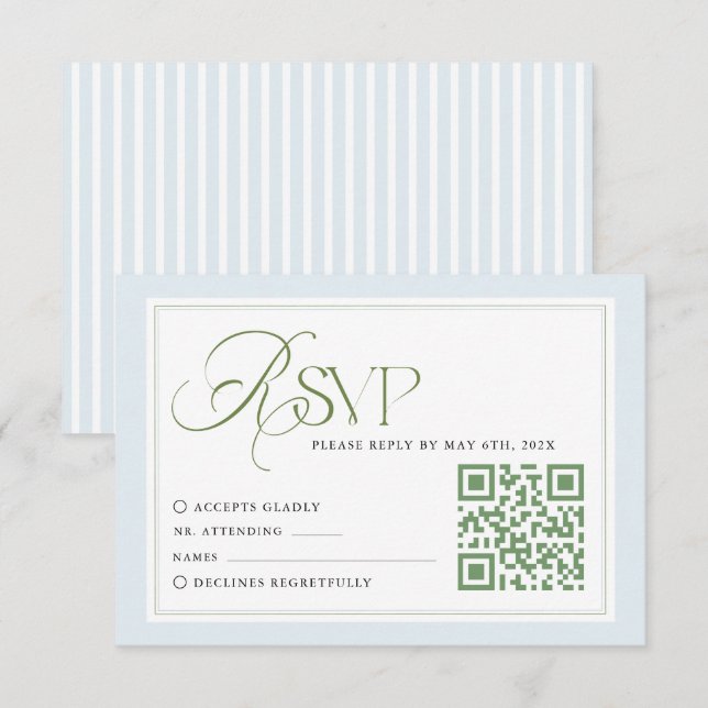 Blåa ränder bröllops-RSVP-kort med QR-kod OSA Kort (Fram/baksida)