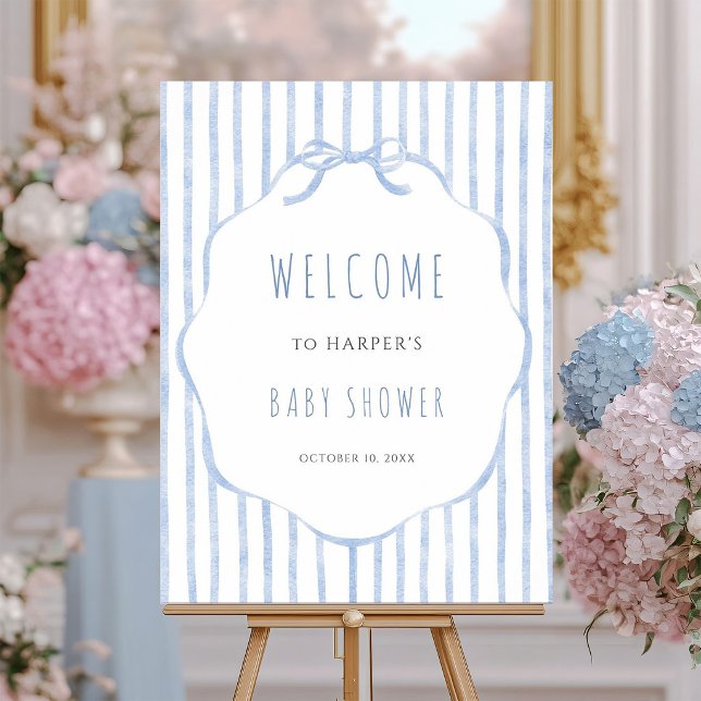 Blåa ränder med ram pojke baby shower välkomstskyl poster (Skapare uppladdad)