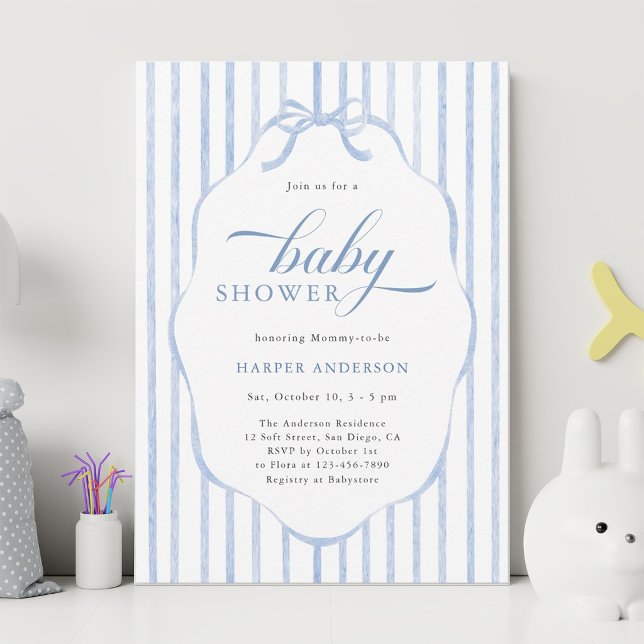 Blåa ränder med skulpterad ram Baby Shower  Inbjudningar (Skapare uppladdad)