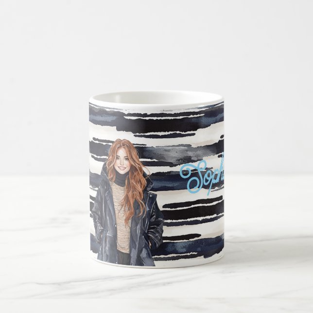 Blåa Ränder Rödhårig Kvinna  Kaffemugg (Center)