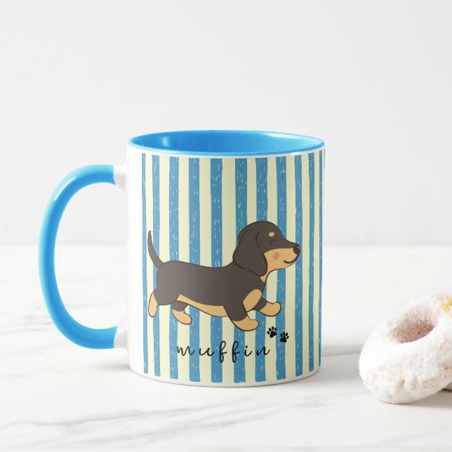 Blåa ränder Svart Tan Dachshund Namn  Mugg (Med munk)