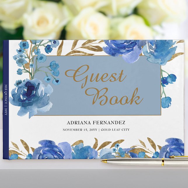 Blåa Ro och Guld Löv Firande Gästböcker (Blue rose floral guest book from my Rose and Gold Leaf quinceanera collection)