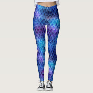 Blåa & Silvergnistrande Fjäll på Drakar Leggings
