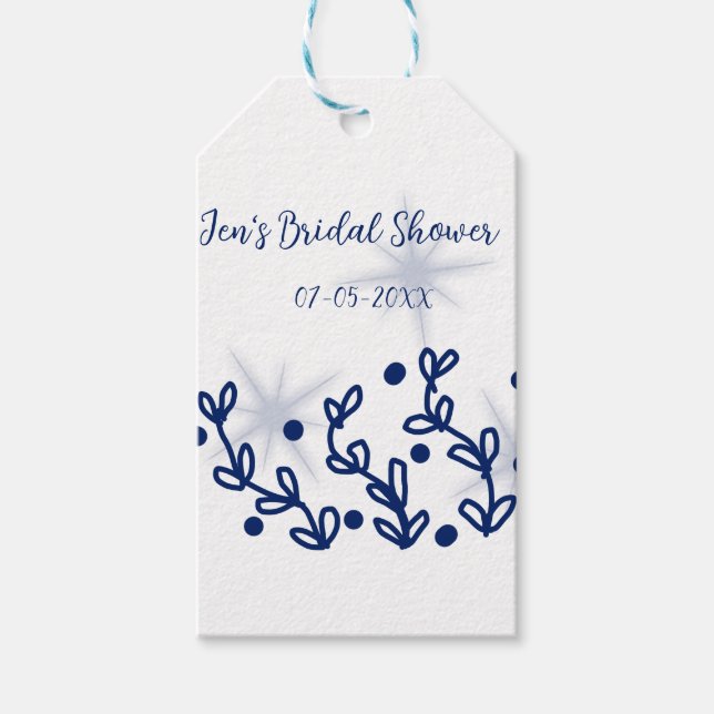 Blåa stjärnor blad royal lyx bröllopsdusch  presentetikett (Framsidan)
