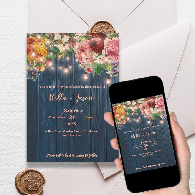 Blåa träblommiga strängljus lantlig bröllopsfest inbjudningar (Blue Wood Floral String Lights Rustic Wedding Invitation)