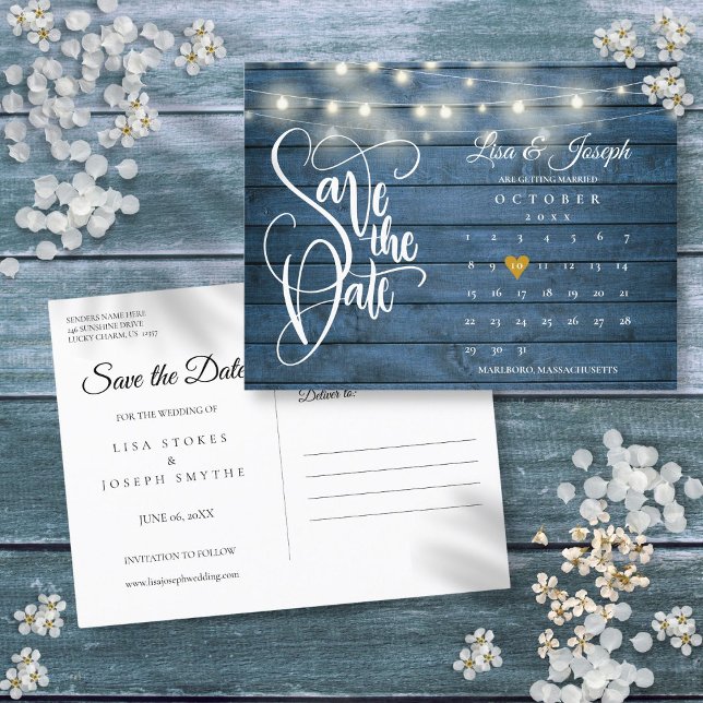 Blåa trädsträngljus Kalender Spara datumet Meddelande Vykort (Blue Wood String Lights Calendar Save the Date Announcement Postcard)
