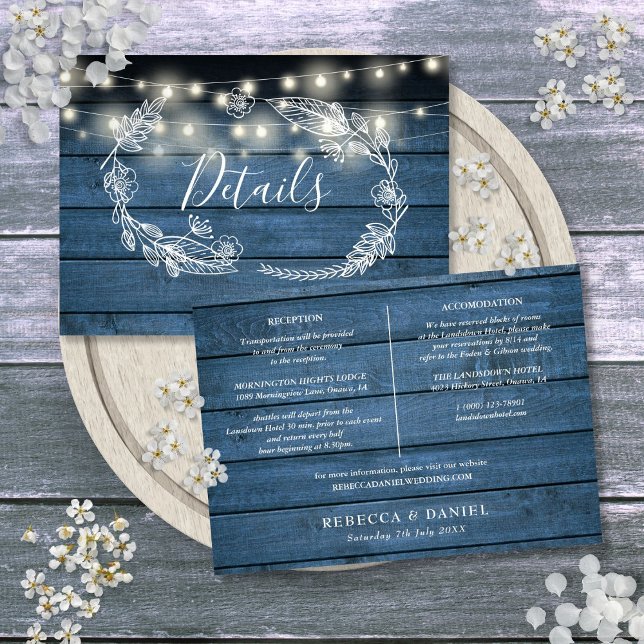 Blåa trästrängljus bröllopsdetaljkort inbjudningar (Blue Wood String Lights Wedding Details Card)