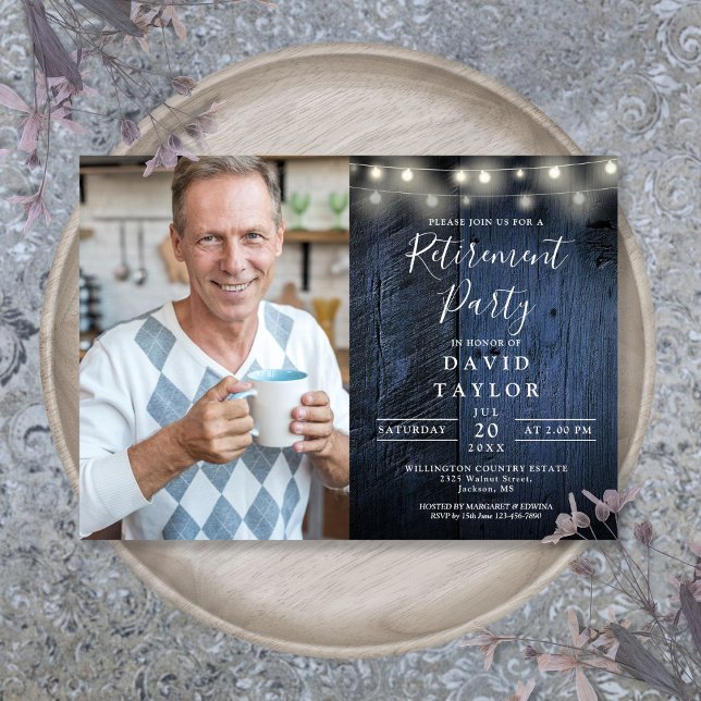 Blåa trästrängljus pensionsfest foto inbjudningar (Blue Wood String Lights Retirement Party Photo Invitation)