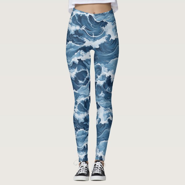 Blåa Vågmönster Leggings (Framsida)