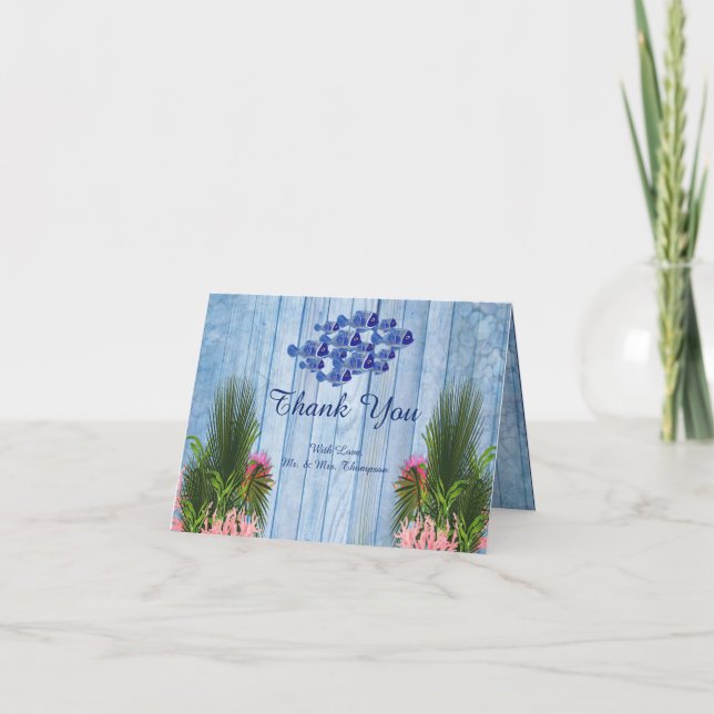 Blåa vatten-Småstarna,Rosa Flamingos & Fisk Tack Kort (Framsida)