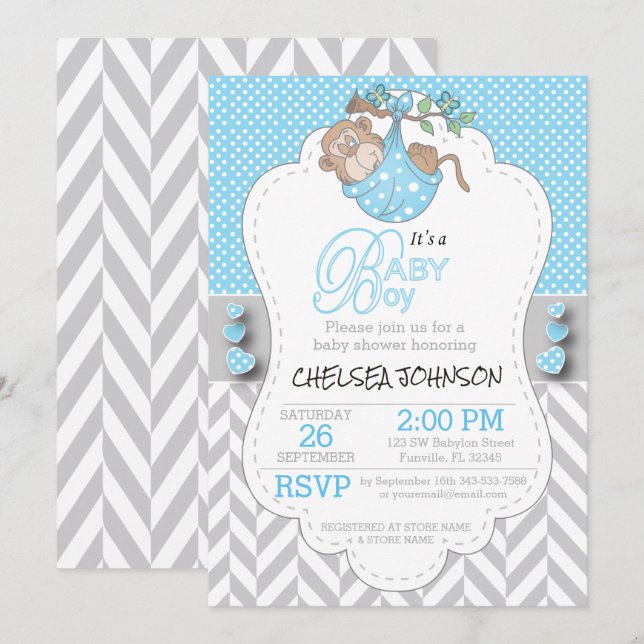 Blåa, vita Grått-inbjudningar till barnskor Inbjudningar (Fram/baksida)