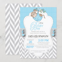 Blåa, vita Grått-inbjudningar till barnskor