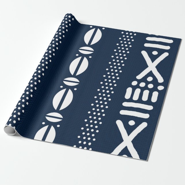Blåafrikansk Bogolan Textile Inspired Wrapping Presentpapper (Utrullad)