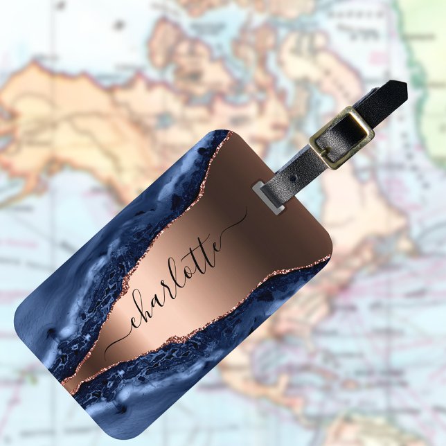 Blåagatmarmor ro guld namn bagagebricka (Skapare uppladdad)