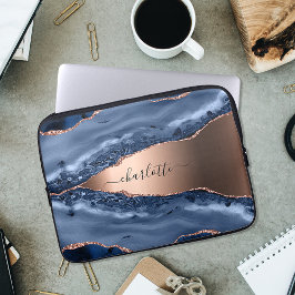 Blåagatmarmor ro guld namn laptop fodral