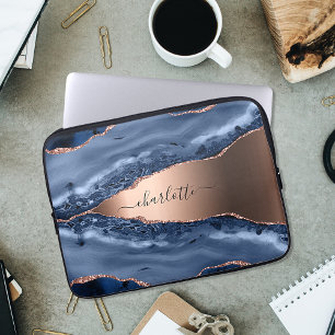 Blåagatmarmor ro guld namn laptop fodral