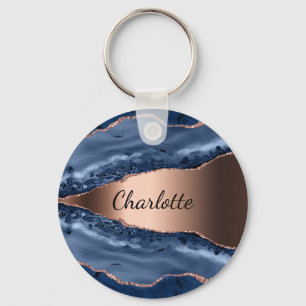 Blåagatmarmor ro guld namn nyckelring