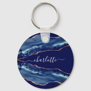 Blåagatmarmor ro guld namn nyckelring