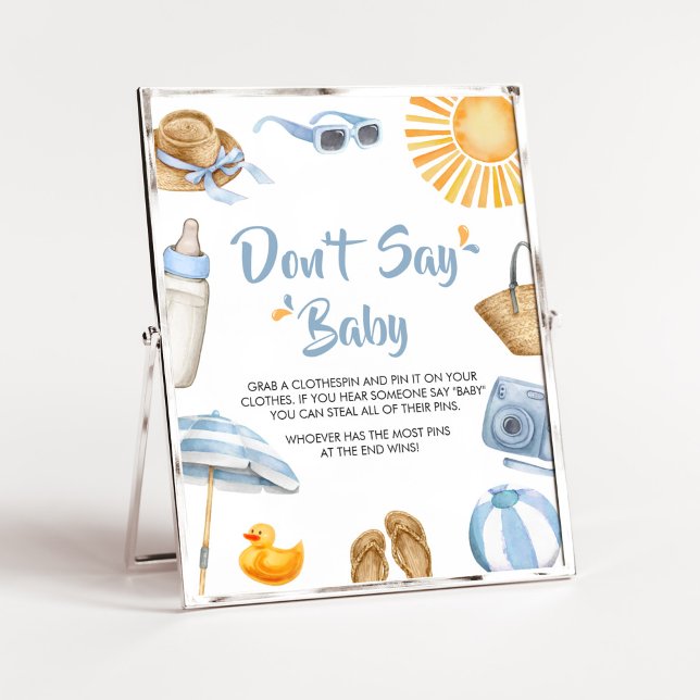 Blåaktig babyskor i Stänk, säg inte Baby Poster (Boy Summer Beach Baby Shower Don't Say Baby Sign)