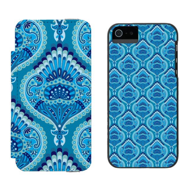 Blåaktig - Fjädermönstrad Paisley Incipio iPhone Wallet Skal (Sida vid Sida)
