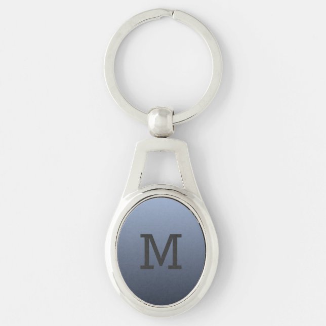 Blåaktig Grått Gradient anpassningsbar monogram ny Ovalt Silverfärgad Nyckelring (Framsidan)