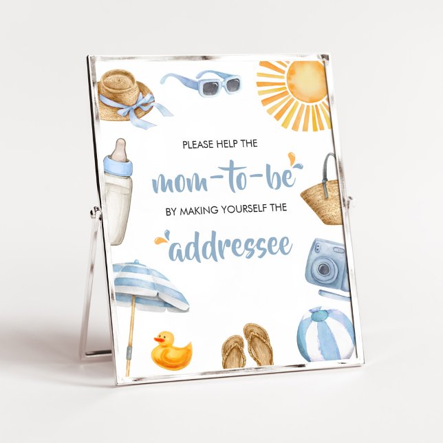 Blåaktig liten babykuvert Stänk Station Poster (Boy Summer Beach Baby Shower Envelope Station Sign)