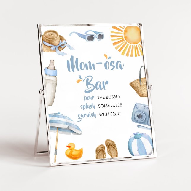 Blåaktig Stänk-babyskor Mamma Osa Pub Poster (Boy Summer Beach Baby Shower Mom Osa Bar Sign)