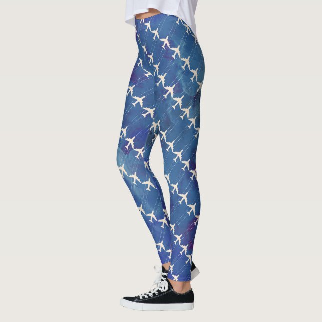 blåaktig vattenfärg med flygplanmönster leggings (Vänster)