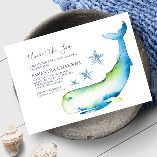 Blåaktiga inbjudningar till spädbarnsskor för Cute (Baby Shower Invitation Cute Watercolor Blue Whale )