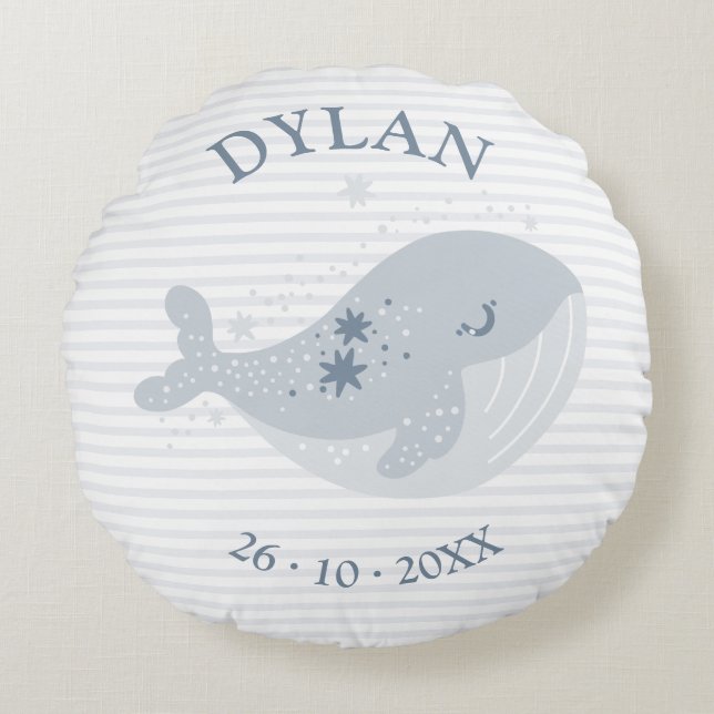 Blåaktigt meddelande om fågeln Pojke i Cute Whale  Rund Kudde (Framsidan)