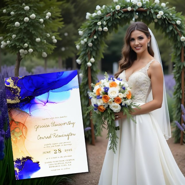Blåalkoholinbjudan till Guld Bläck-bröllopsinbjuda Inbjudningar (Blue Gold Alcohol Ink Wedding Invitation. Model is AI Gen. )